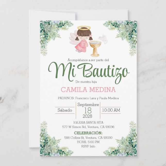 Baptism Invitation Spanish Girl Greenery (Front)