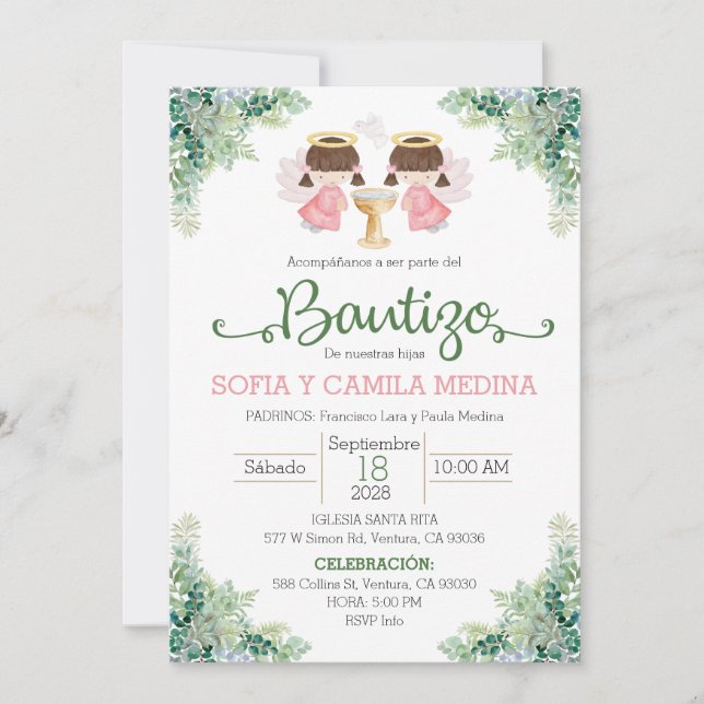 Baptism Invitation Spanish two Girls twins sisters (Front)