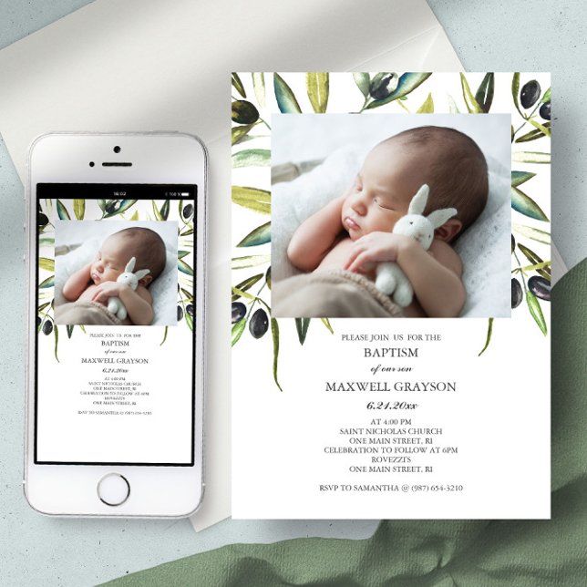 Baptism Invitation Watercolor Gender Neutral Photo (baptism invitation boho botanical watercolor olive branch )