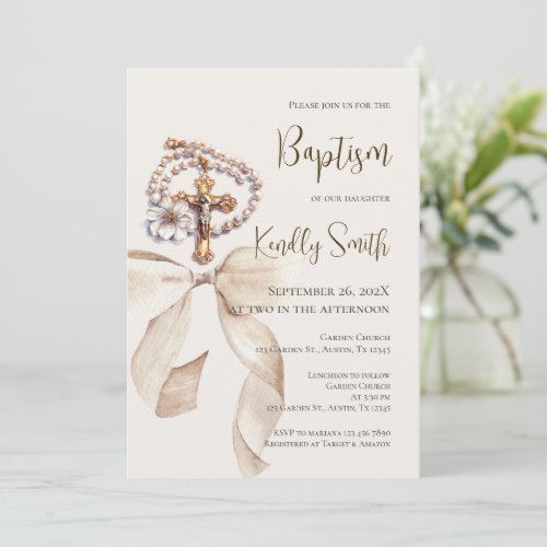 Baptism invitation with bow and rosary