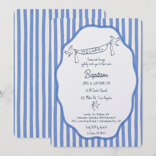 Baptism invitation with doves blue pinstripes