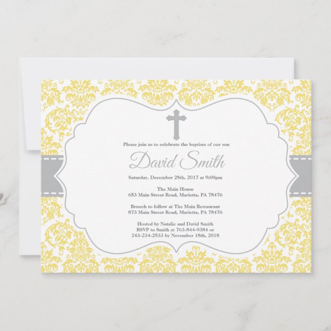 Baptism Invitation Yellow and Gray Damask (Front)