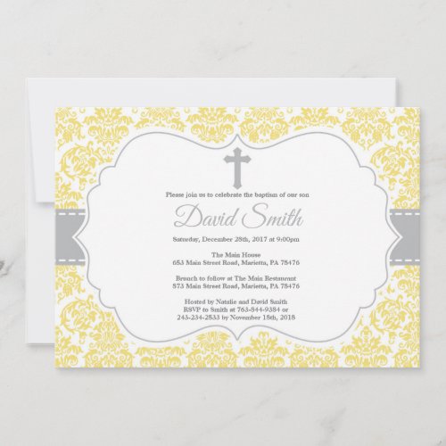 Baptism Invitation Yellow and Gray Damask