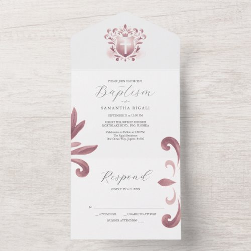 Baptism Invitations and RSVP Card Dusty Pink Crest