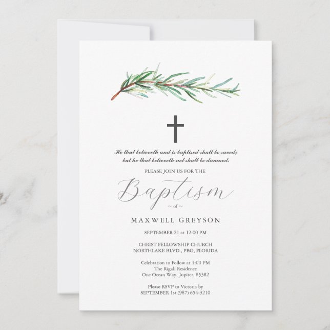 Baptism Invitations Botanical Rosemary  (Front)