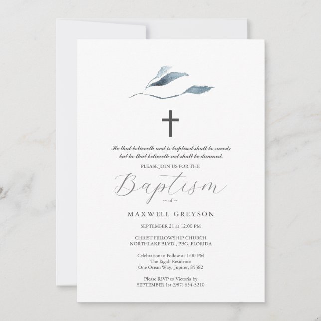 Baptism Invitations Dusty Blue Botanicals  (Front)
