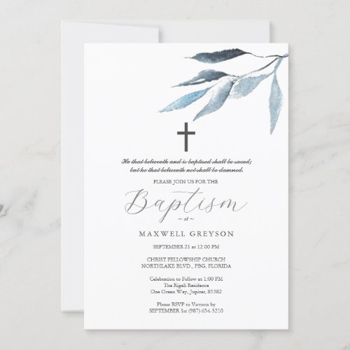 Baptism Invitations Dusty Blue Botanicals 