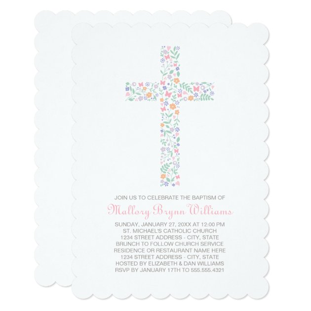 Baptism Invitations For Baby Girl | Floral Cross