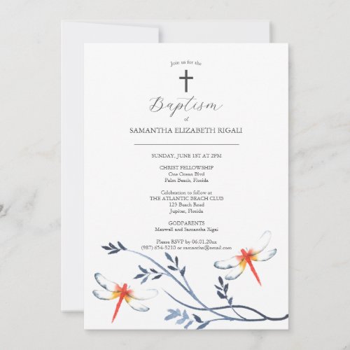 Baptism Invitations Godparents Name Red Dragonfly