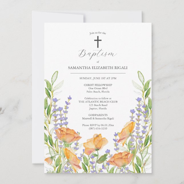 Baptism Invitations Godparents Names Floral (Front)