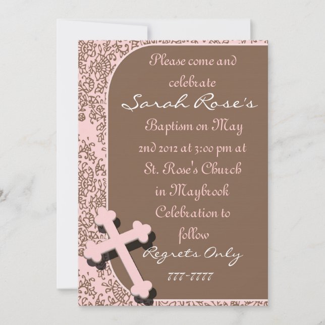 BAPTISM  Invitations PINK DAMASK For GIRLS (Front)