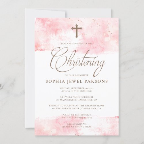 Baptism Invitations  Pink Splash  Gold Glitter