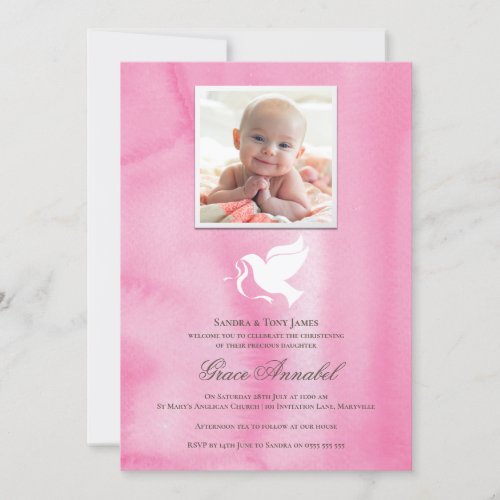 Baptism Invitations  Pink Watercolor Dove