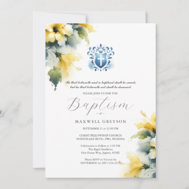 Baptism Invitations Religious Blue and Yellow (Front)