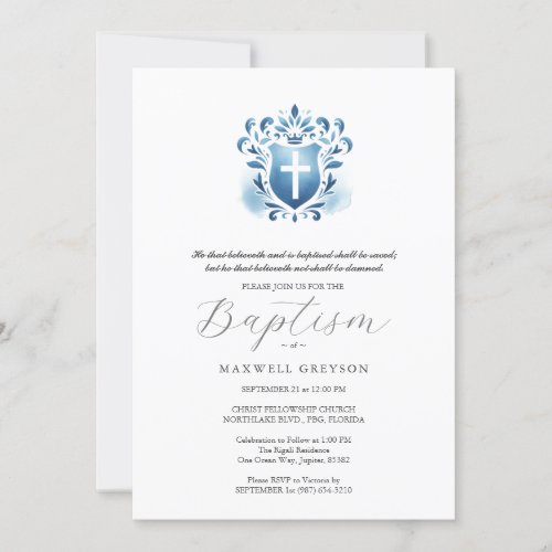 Baptism Invitations Religious Dusty Blue Crest