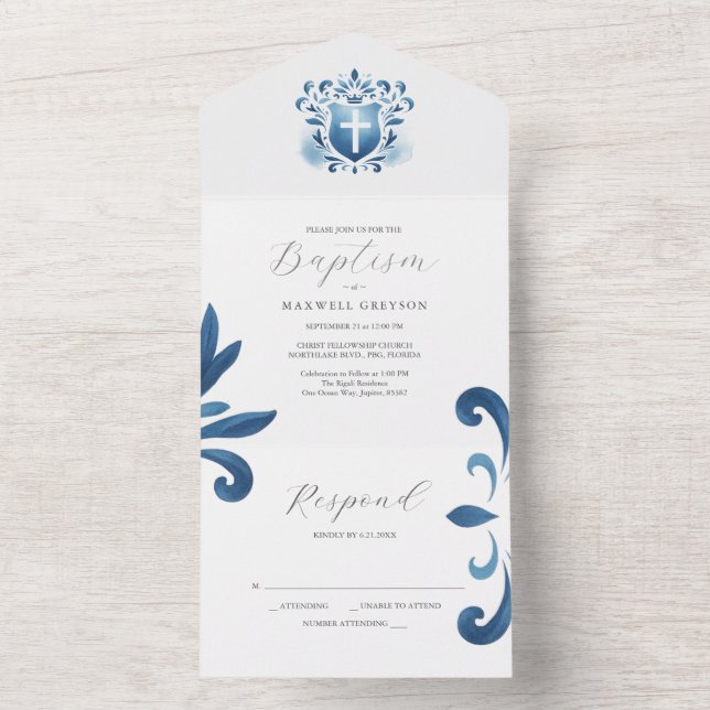 Baptism Invitations with RSVP Card Dusty Blue Cres (Inside)