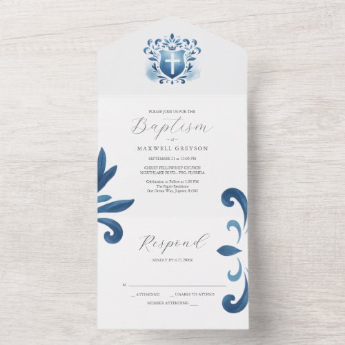 Baptism Invitations with RSVP Card Dusty Blue Cres