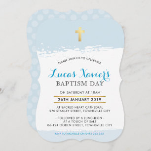 BAPTISM INVITE cute modern cross brush stroke blue