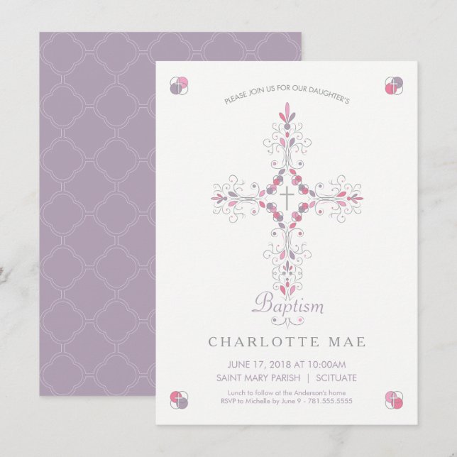Baptism Invite - Pretty Invitation, Girl (Front/Back)