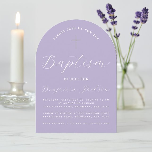 Baptism Lavender Arch Cross & Script Modern Purple Invitation (Creator Uploaded)