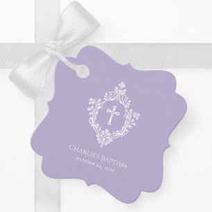 Baptism Lavender Elegant Vintage Cross in Crest Favor Tags