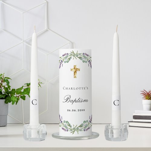 Baptism lavender florals greenery gold cross unity candle set