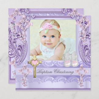 Baptism Lavender Pink Cross Girl Photo Christening Invitation