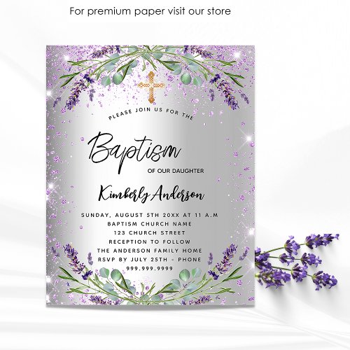 Baptism lavender silver violet budget invitation