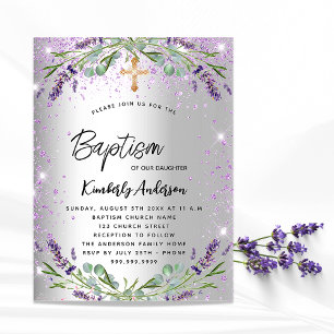 Baptism lavender silver violet sparkles elegant invitation postcard