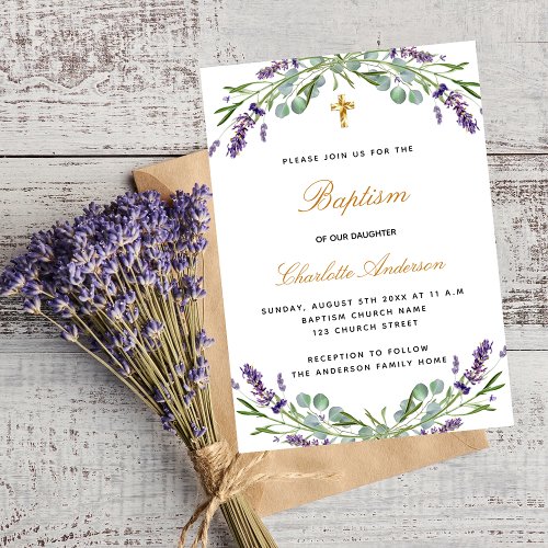 Baptism lavender violet floral eucalyptus greenery invitation postcard