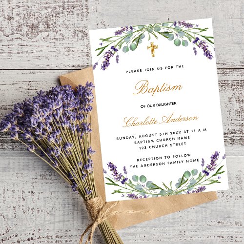 Baptism lavender violet floral eucalyptus luxury invitation