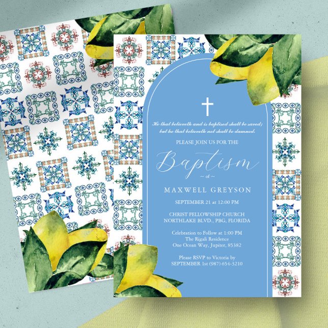 Baptism Lemon Religious Italian Blue Tile Invitation (Baptism invitation Italian blue Amalfi tile and yellow lemons art by Victoria Grigaliunas)
