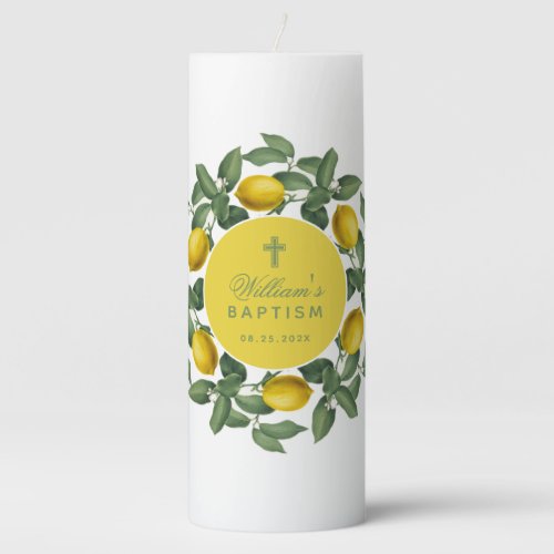 Baptism Lemon Yellow Circle Green Leaves Foliage  Pillar Candle