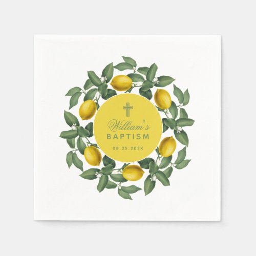 Baptism  Lemon Yellow Circle Greenery Calligraphy Napkins