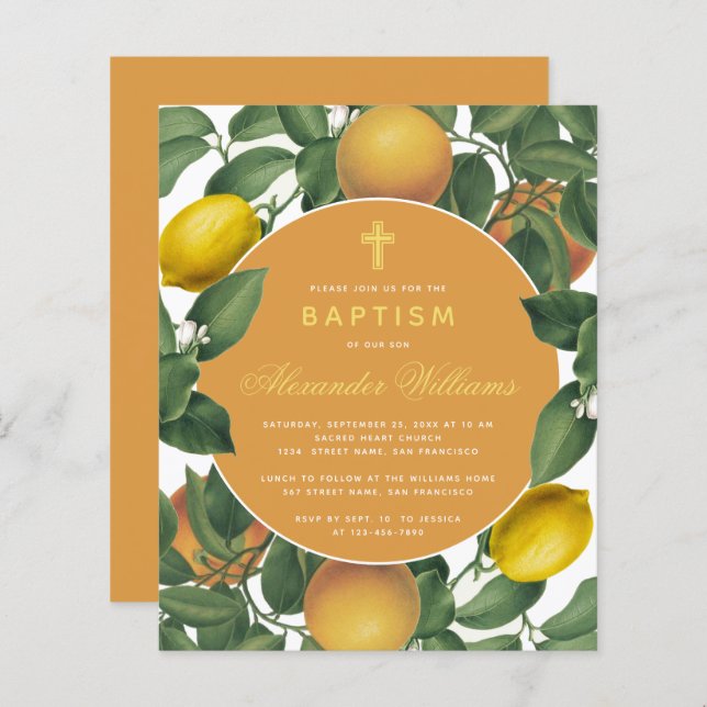 Baptism Lemons Oranges Budget Botanical Invitation (Front/Back)