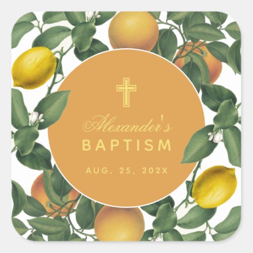 Baptism Lemons Oranges Citrus Foliage Botanical Square Sticker