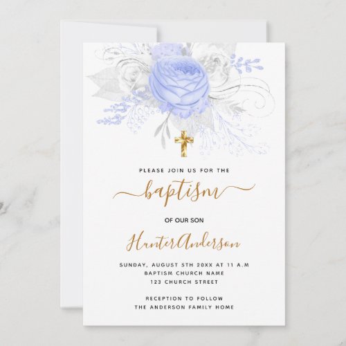 Baptism light blue florals boy elegant white invitation