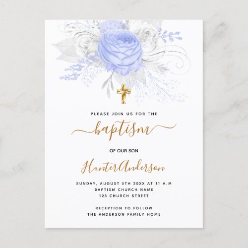 Baptism light blue florals boy elegant white invitation postcard