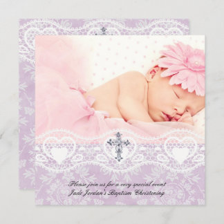Baptism Lilac White Lace Photo Jewel Cross Girl Invitation