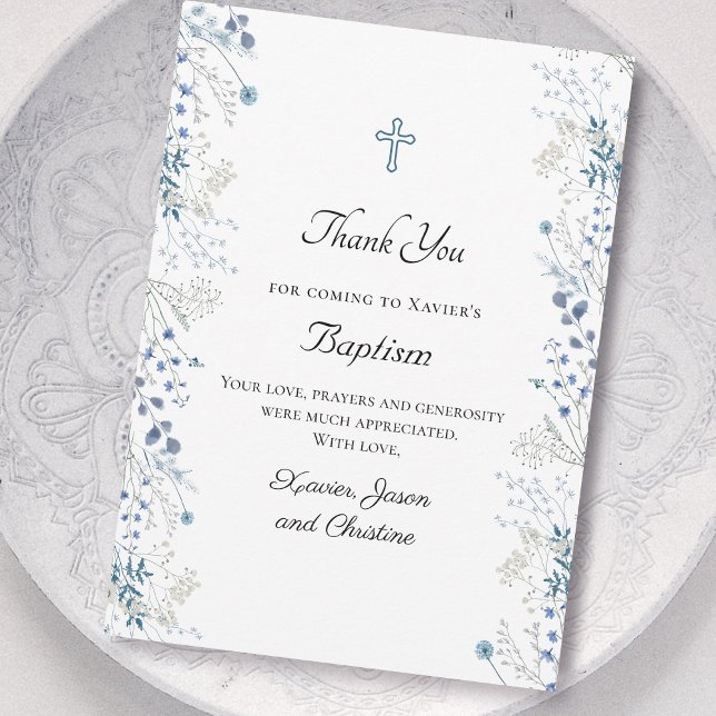 Baptism little blue watercolor flowers thank you invitation (Creator Uploaded)