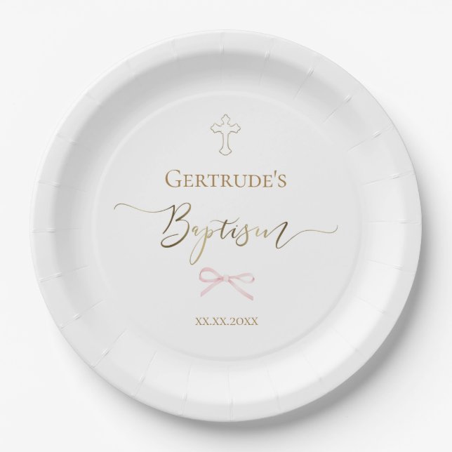 Baptism little pink bow paper plates (Front)