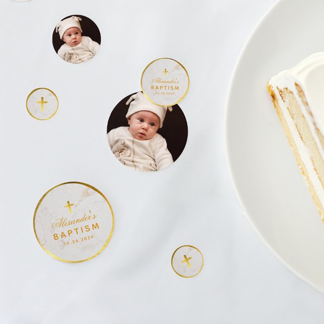 Baptism Marble Faux Gold Foil Cross Elegant Script Confetti (Creator Uploaded)
