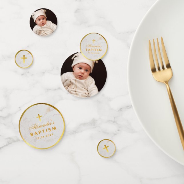 Baptism Marble Faux Gold Foil Cross Elegant Script Confetti (Group)