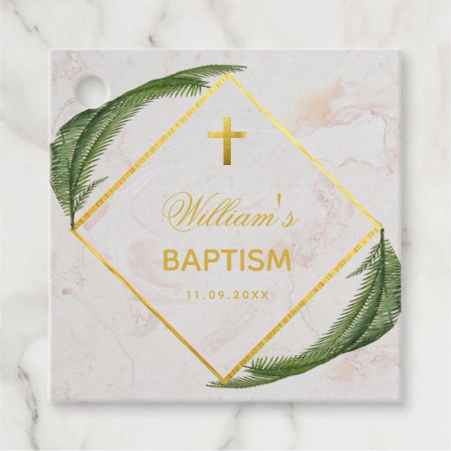 Baptism Marble Foliage Faux Gold Cross Fern Leaves Favor Tags