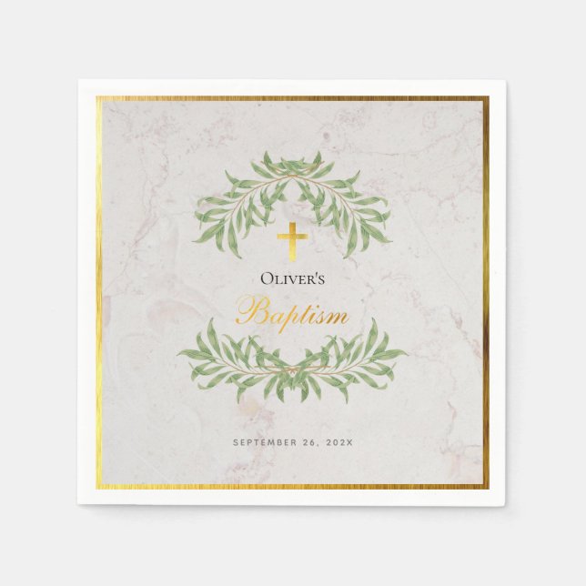 Baptism Marble Foliage Faux Gold Foil Calligraphy Napkins (Front)