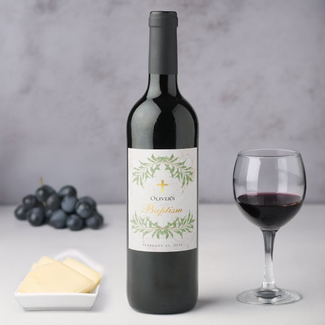 Baptism Marble Foliage Faux Gold Foil Script Wine Label (Creator Uploaded)