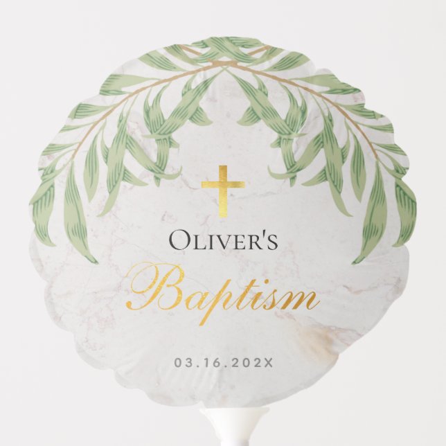 Baptism Marble Foliage Faux Gold Greenery Photo Balloon (Front)