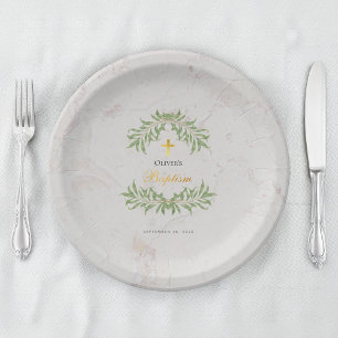 Baptism Marble Foliage Greenery Faux Gold Script  Paper Plates