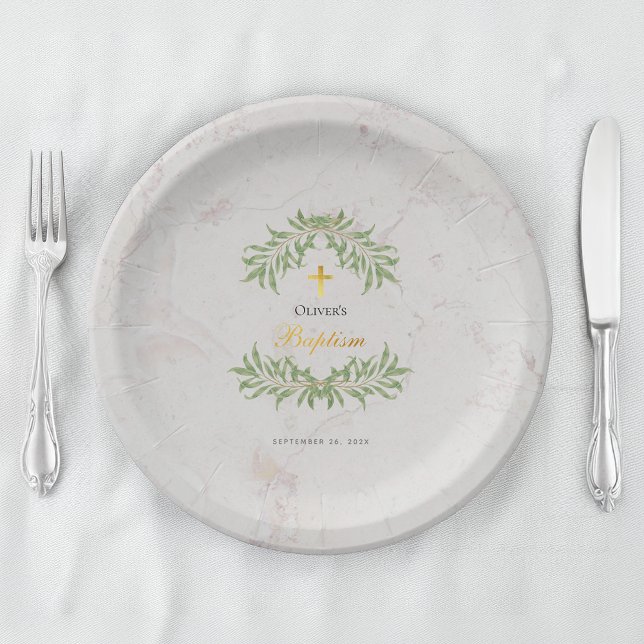 Baptism Marble Foliage Greenery Faux Gold Script  Paper Plates (Creator Uploaded)