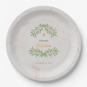 Baptism Marble Foliage Greenery Faux Gold Script  Paper Plates